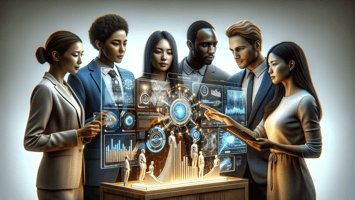 A group of business professionals analyzing marketing data with AI tools