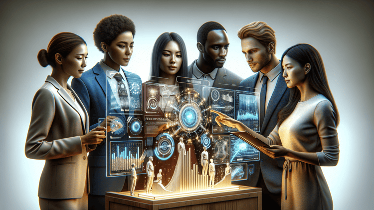 A professional, futuristic image showing a business team working with AI-driven tools, like data dashboards or marketing analytics