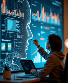 A split-screen image showing AI (dataautomation side) working hand-in-hand with human creativity (a marketer designing or brainstorming).