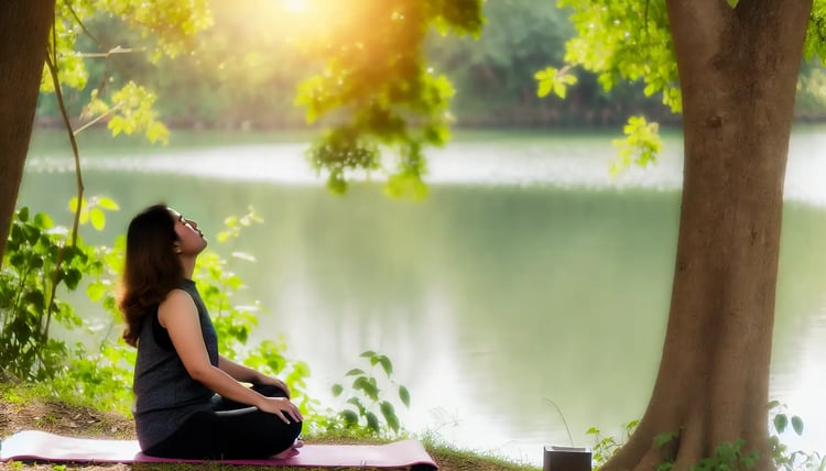 DALL·E 2024-07-24 14.56.19 - A person sitting comfortably with their eyes closed, practicing deep breathing in a peaceful nature setting. The person is seated on a yoga mat near a