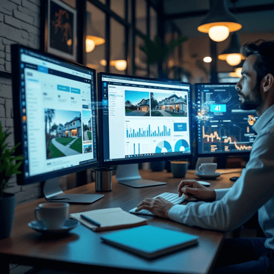 a vibrant, dynamic image of a busy, professional workspace. Include multiple sleek, modern computer screens displaying real estate listings, ca-1 a vibrant, dynamic image of a busy, professional workspace. Include multiple sleek, modern computer screens displaying real estate listings, ca-1