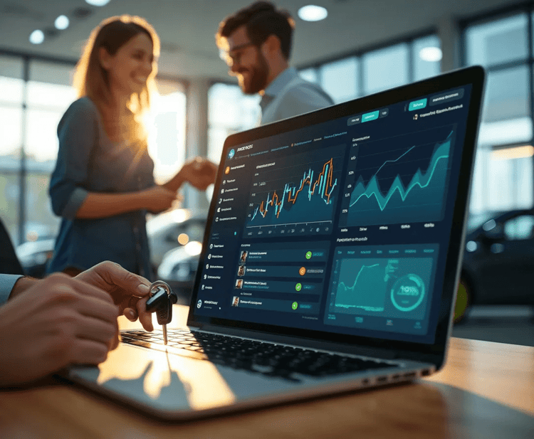 an automotive dealer closing a deal and getting his key while glacing at his computer to check the stats on his ai driven marketing campaign an automotive dealer closing a deal and getting his key while glacing at his computer to check the stats on his ai driven marketing campaign