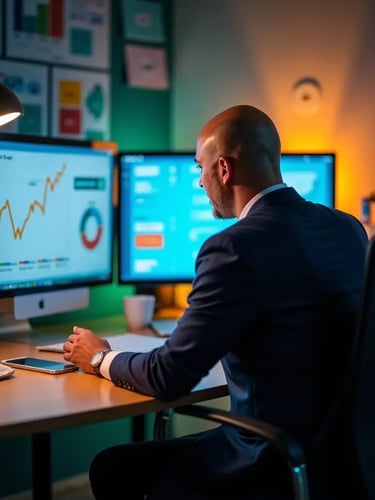 nic sigala in a suit sitting at a desk analyzing ai-driven marketing performance campaigns on the computer screens