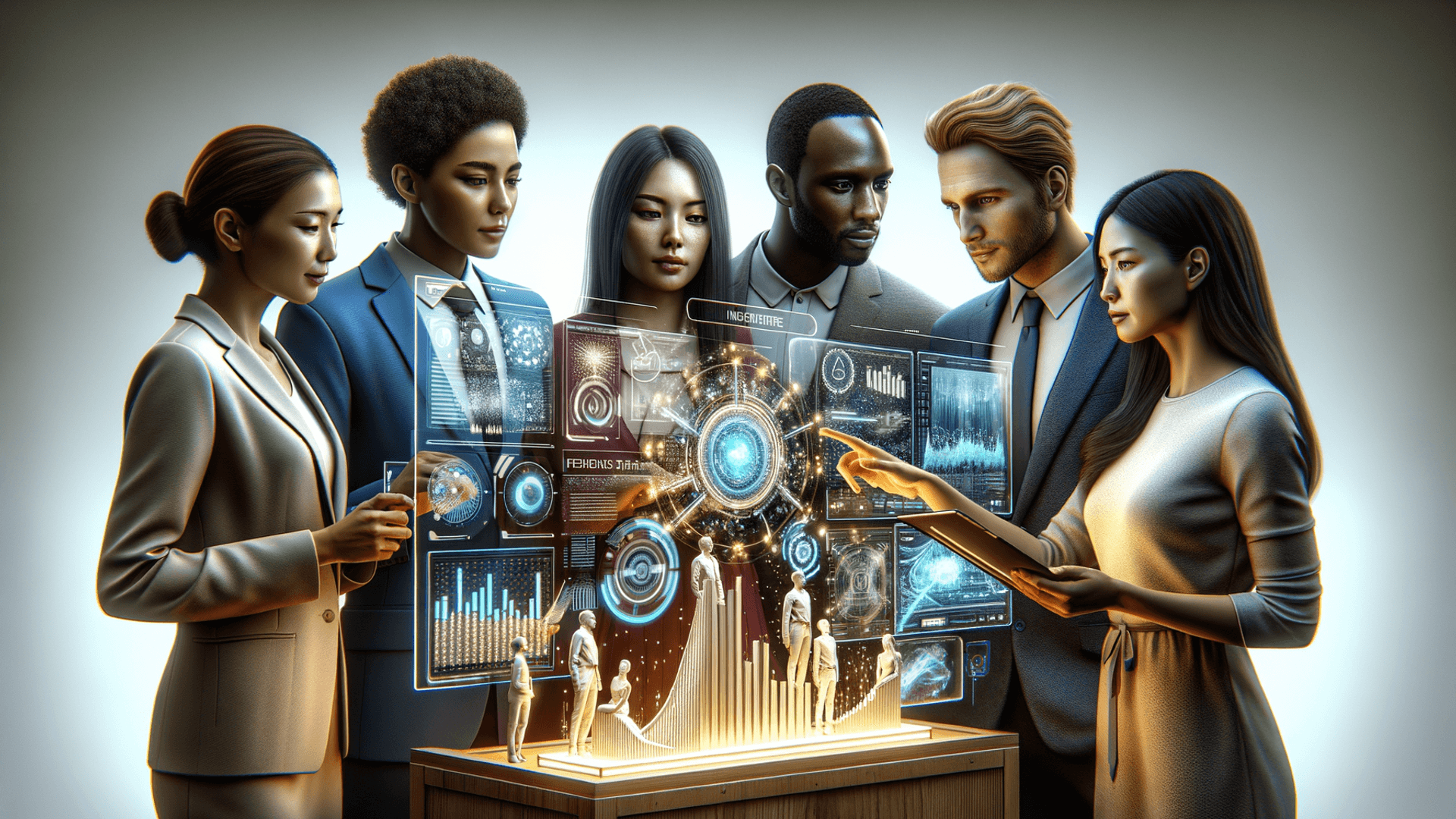 A group of business professionals analyzing marketing data with AI tools
