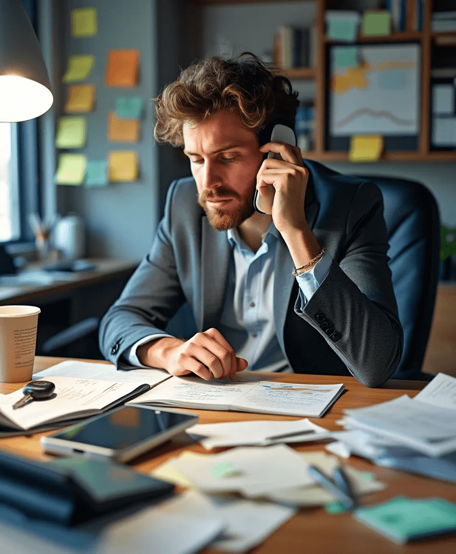 stressed out and overworked car guy trying to develop new business opportunities on the phone and online automotive training network